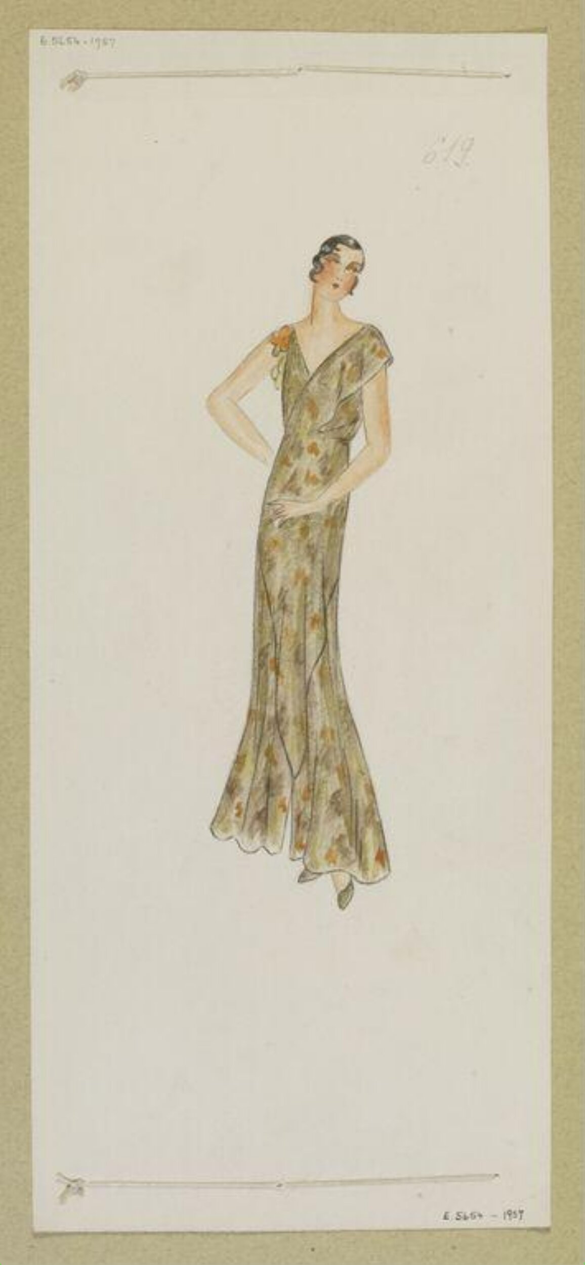 1930s Floral Evening Gown Sketch