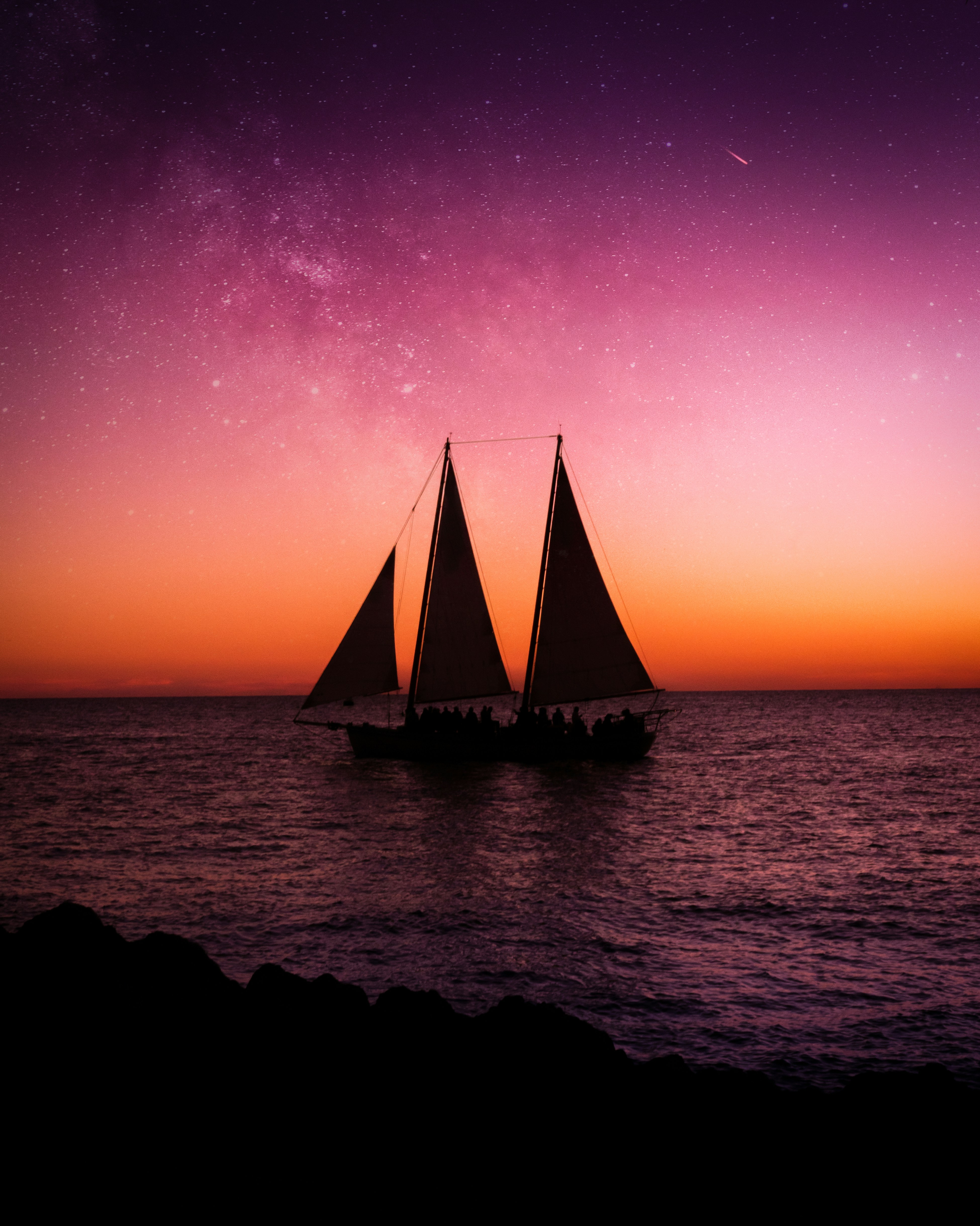 Sailboat on Sea at Starry Dusk