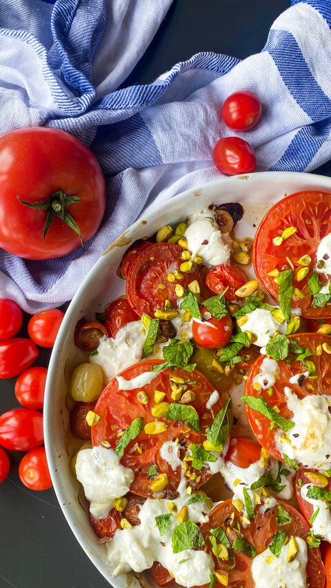 Roasted Tomato Salad with Burrata and Pistachios