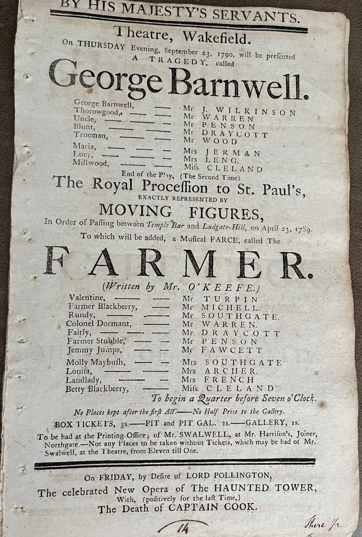 1790 Wakefield Theatre Playbill — Posters