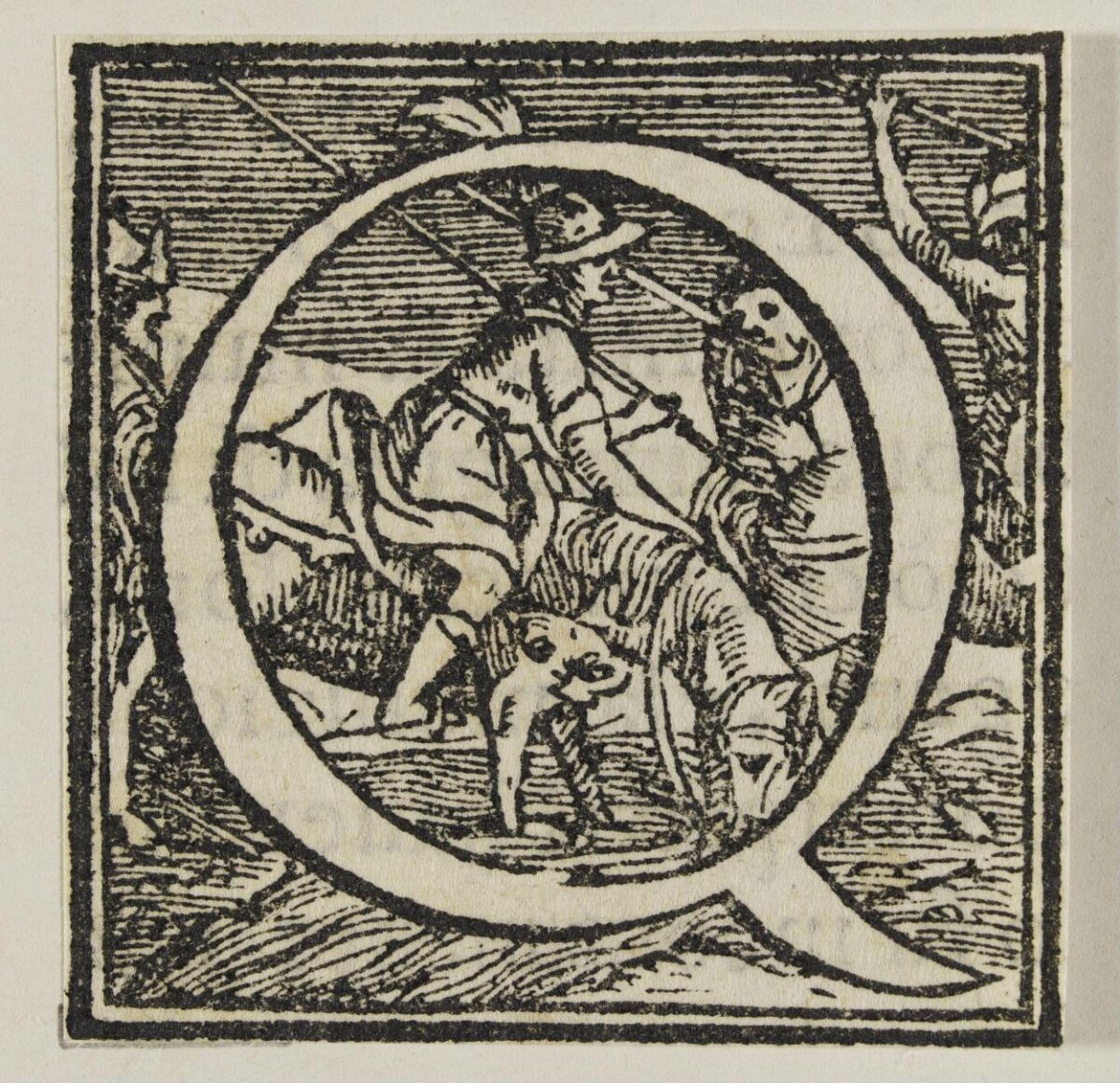 Woodcut Initial Q With Hunting Scene