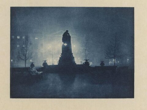 City Monument on Foggy Night