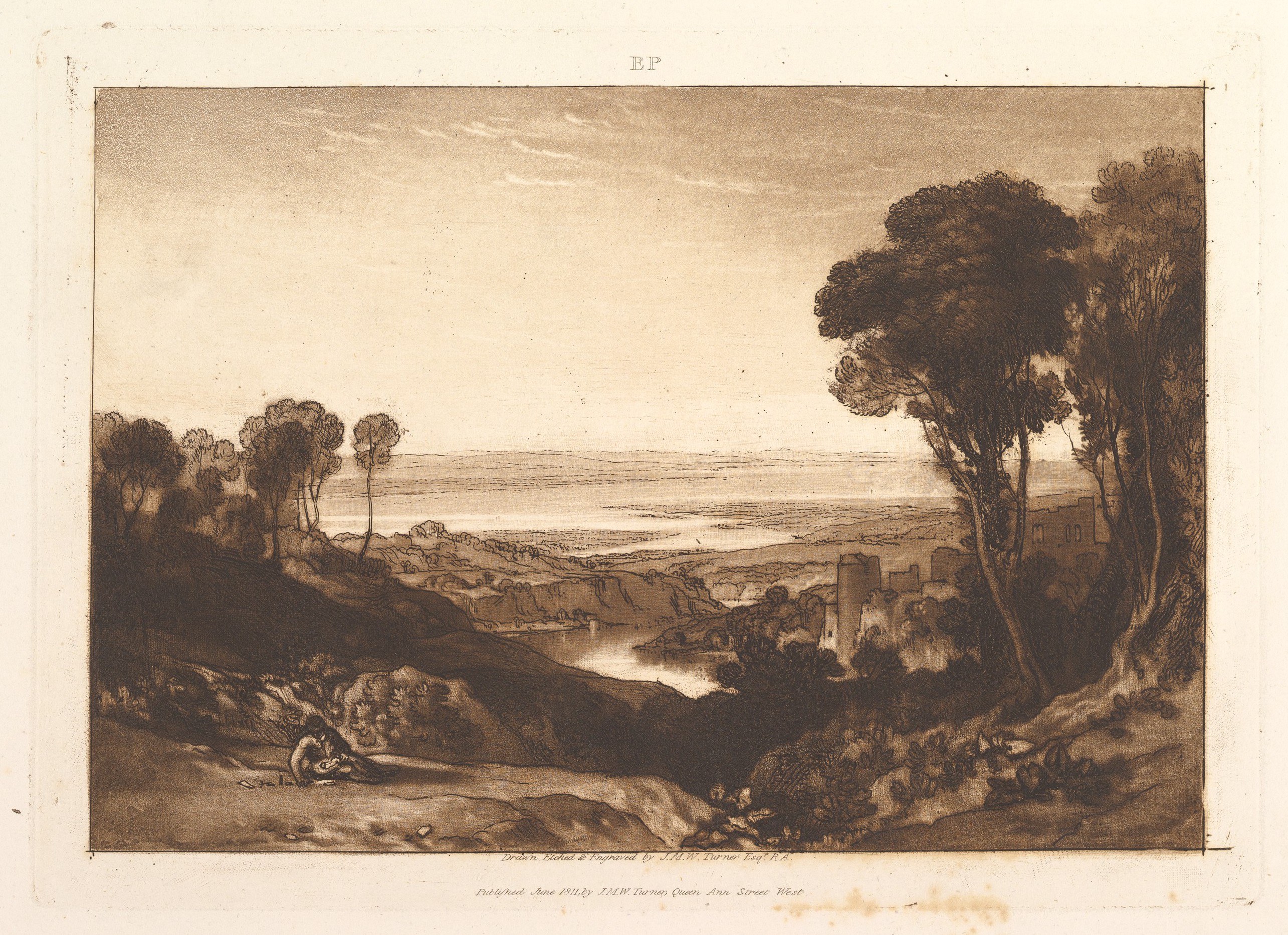 Vintage River Valley Landscape Etching