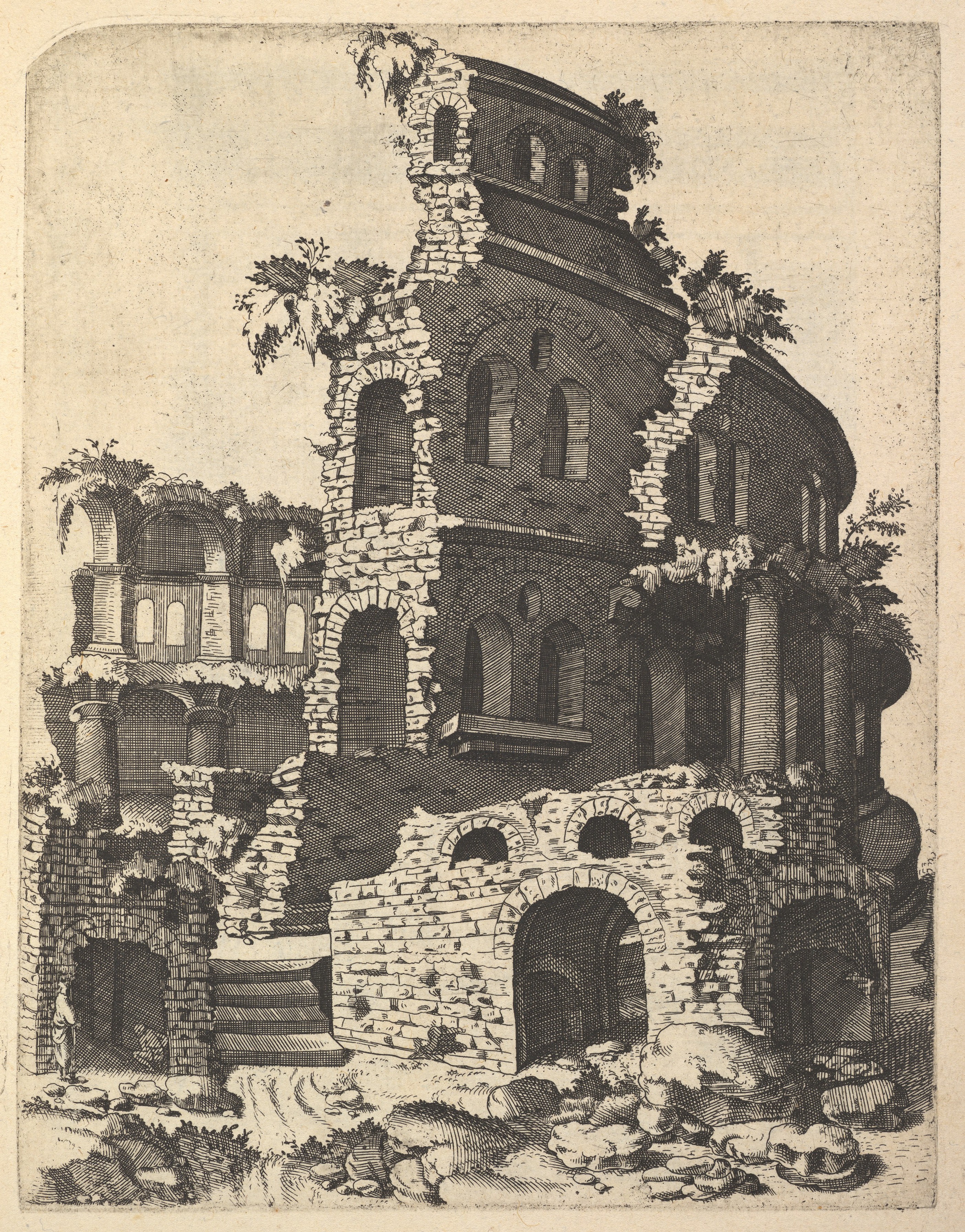 Etching of Ancient Building Ruins