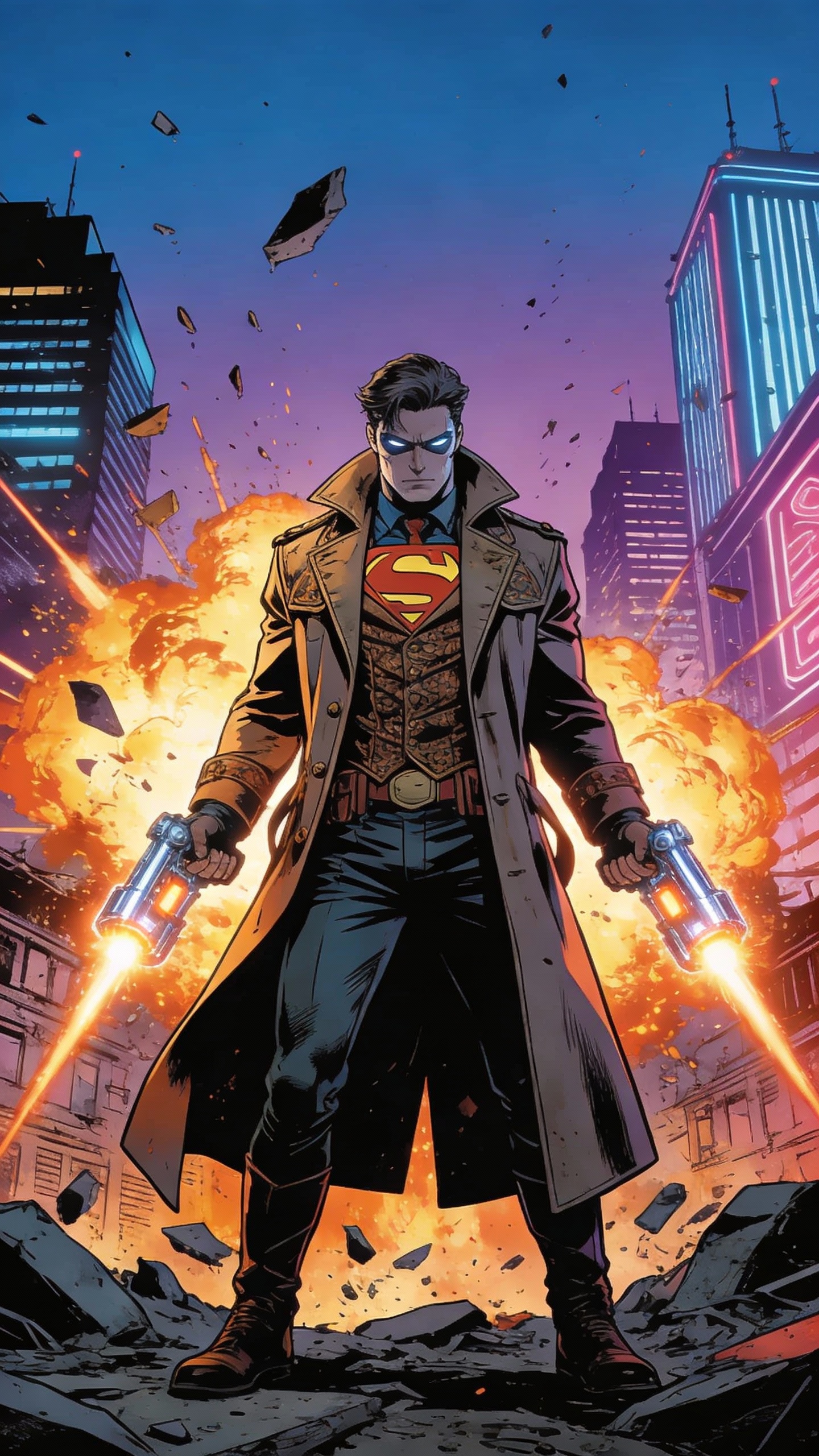 Superman Standing Amid City Explosion