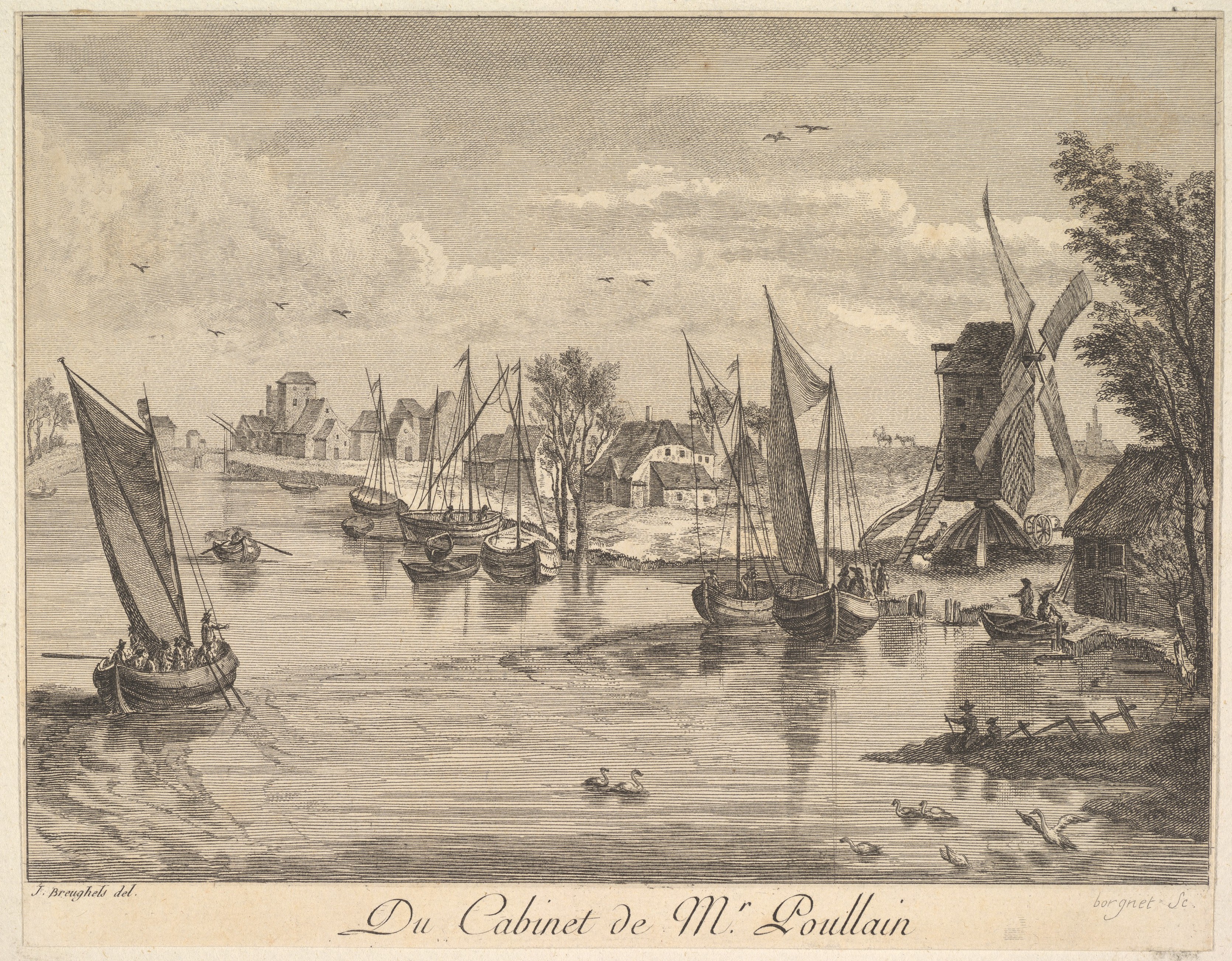 River Landscape Etching with Windmill and Sailboats