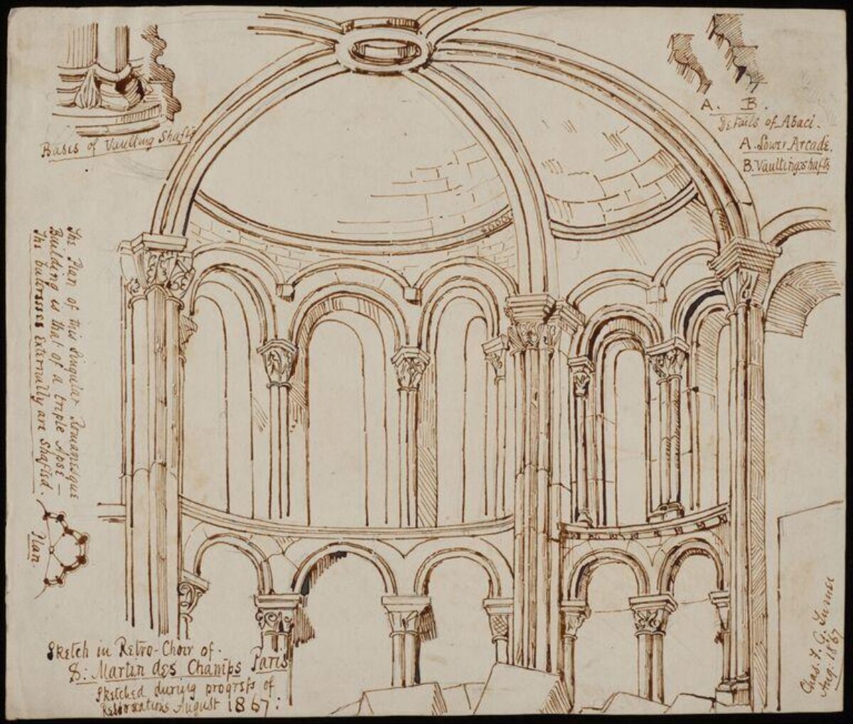 1867 Paris Church Interior Architectural Sketch
