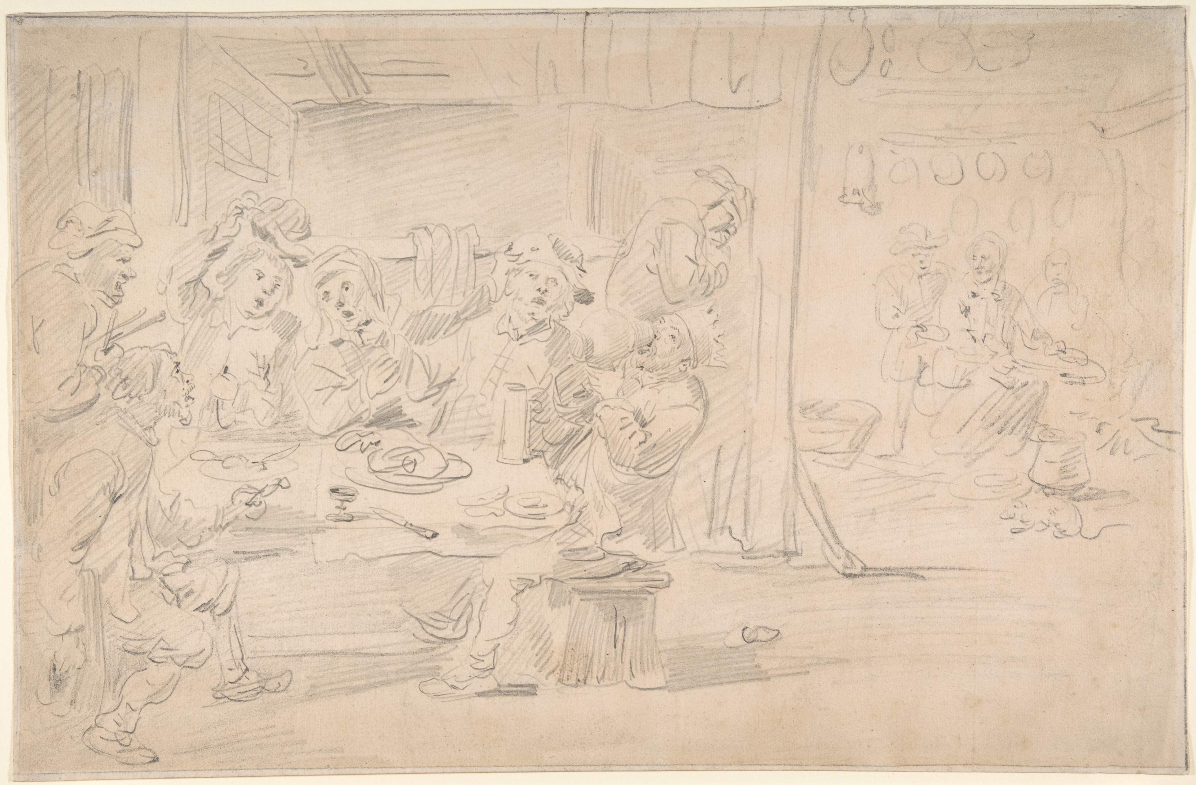 Pencil Sketch of Group Feast in Tavern