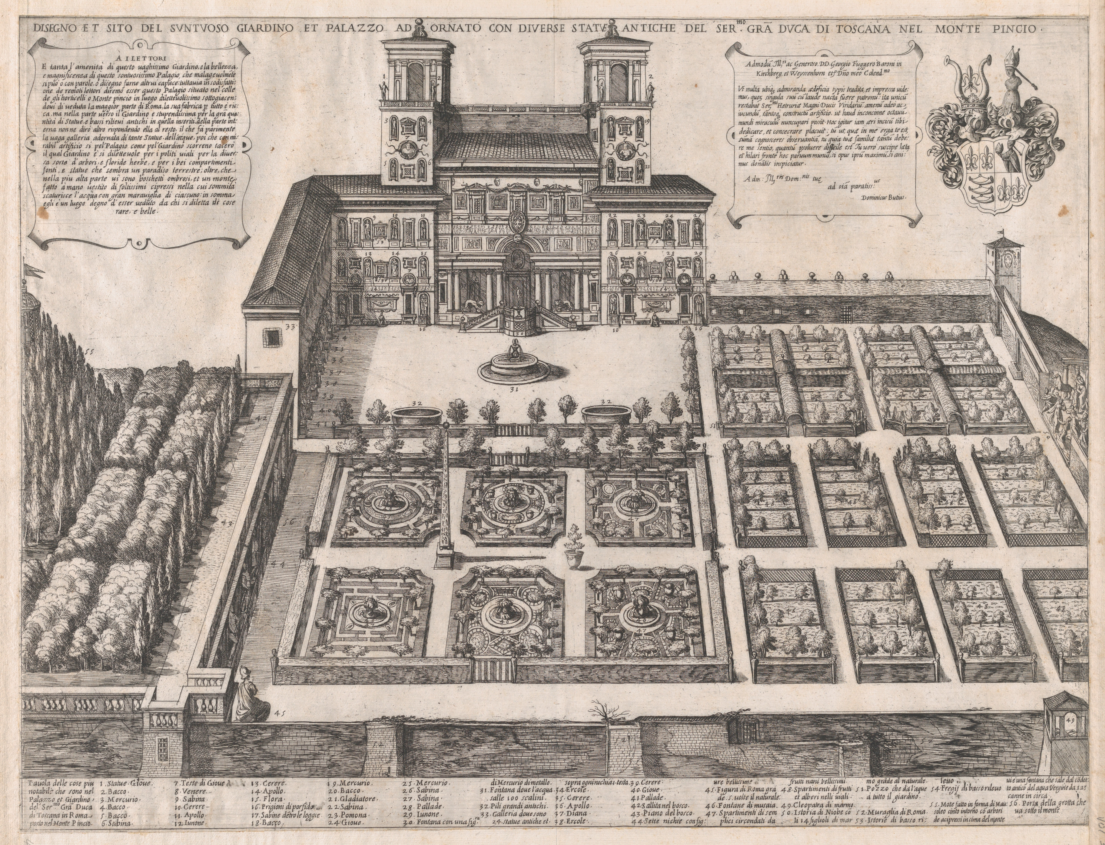 Antique Engraving of Italian Villa and Garden