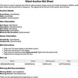Silent Auction Bid Sheet