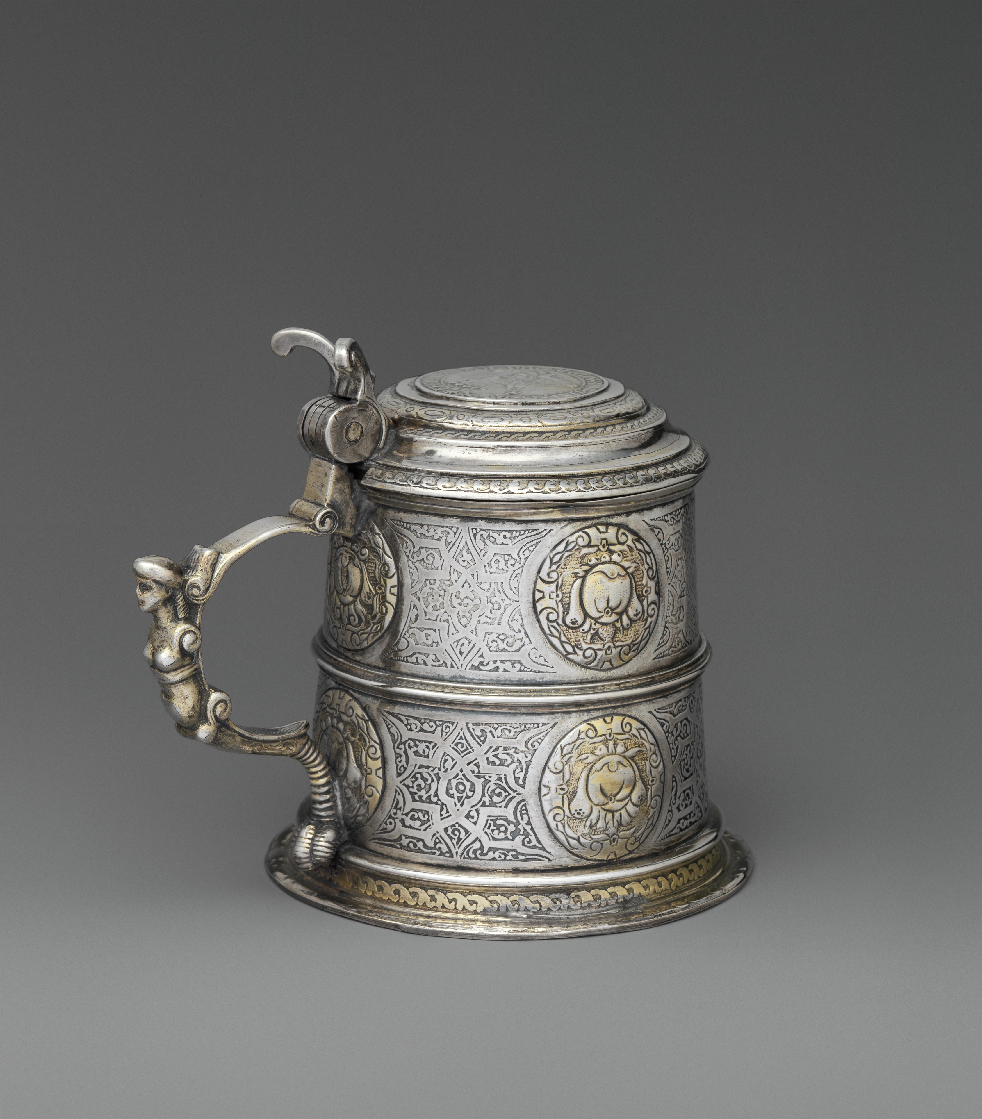 Engraved Silver Lidded Tankard