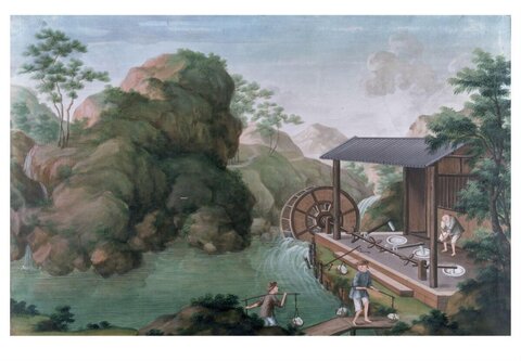 Ancient Chinese Water Mill Production Scene
