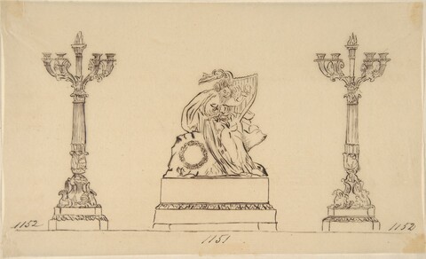 Ink Sketch of Sculpture and Two Candelabra