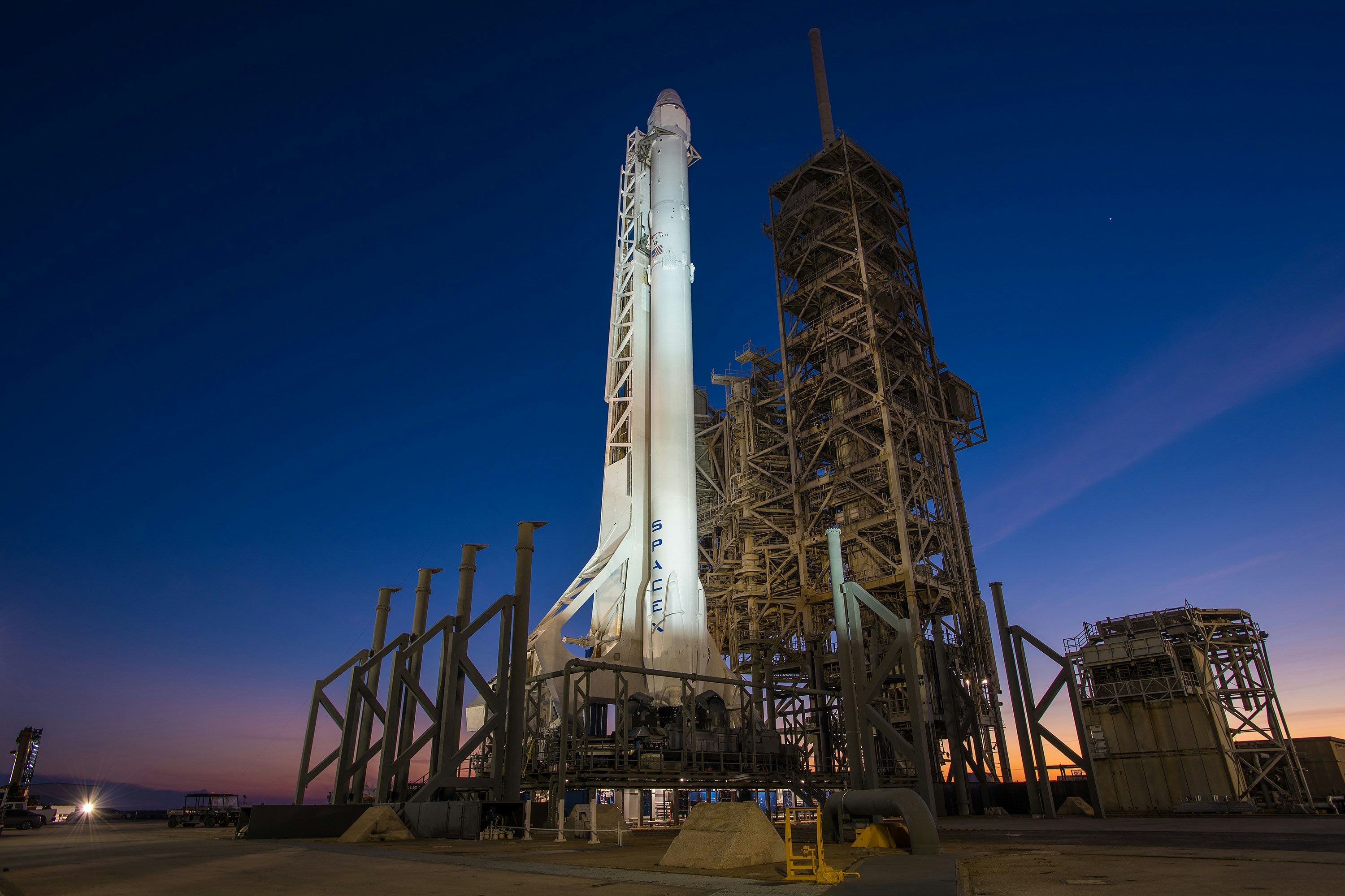 SpaceX Rocket on Launch Pad at Dusk