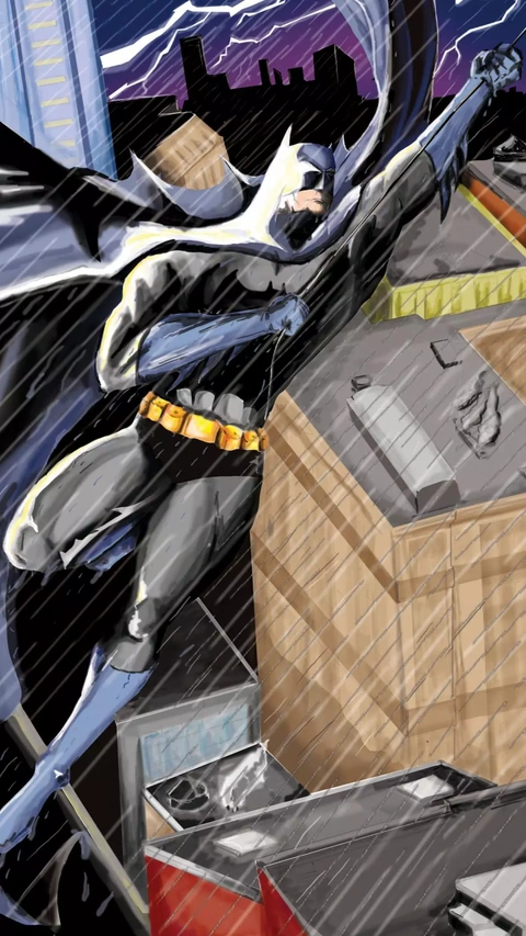 Batman Swinging Over Stormy Gotham