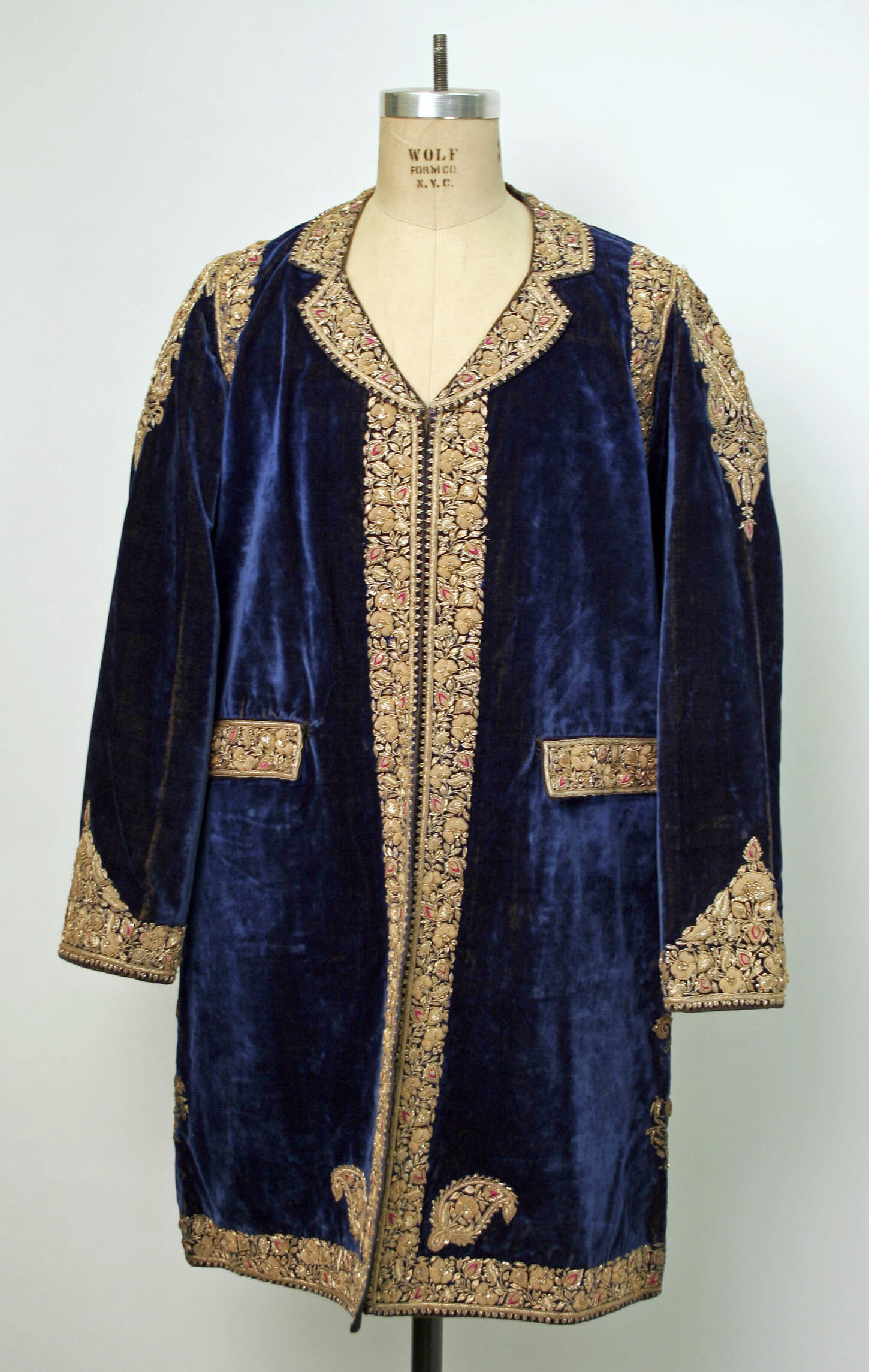 Embroidered Blue Velvet Long Coat