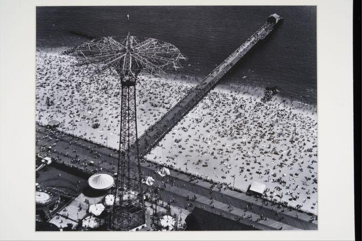 Aerial View of Crowded Beach and Pier