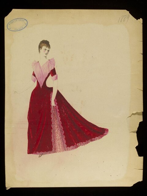 1889 Paris Fashion Dress Design Sketch