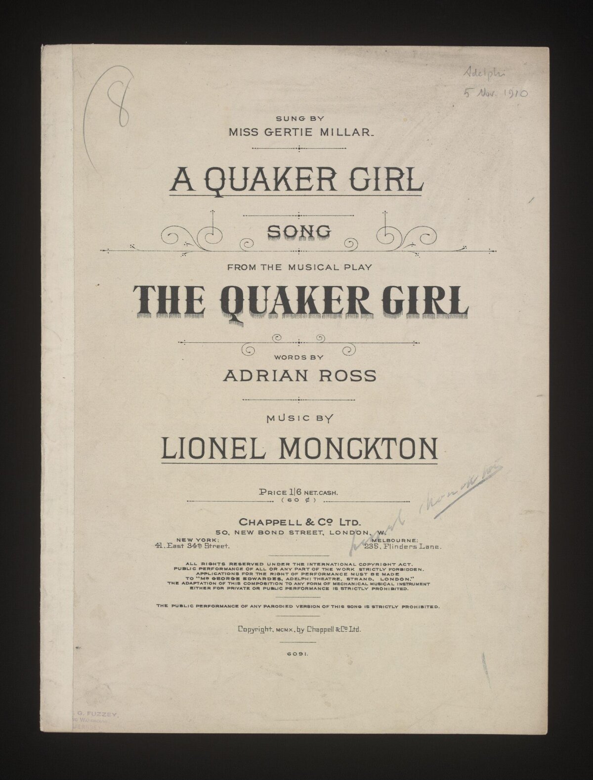 1910 A Quaker Girl Sheet Music Cover