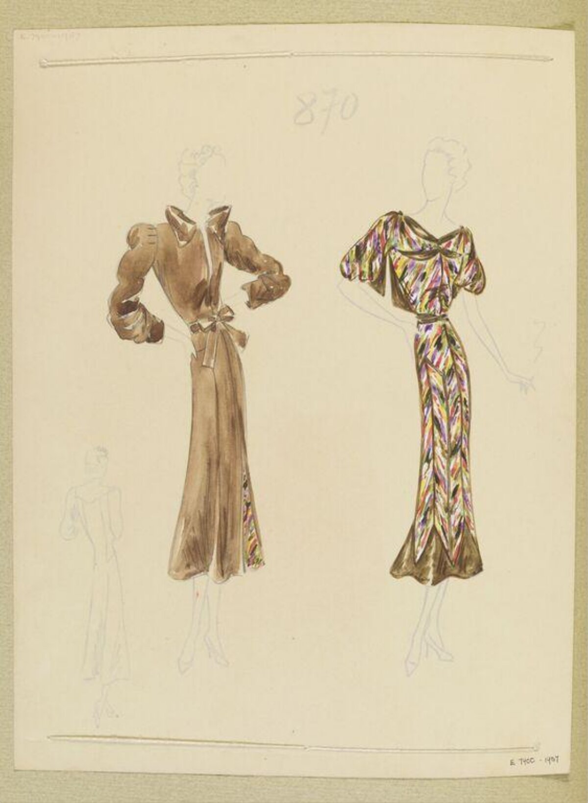 Two Vintage Dress Fashion Sketches