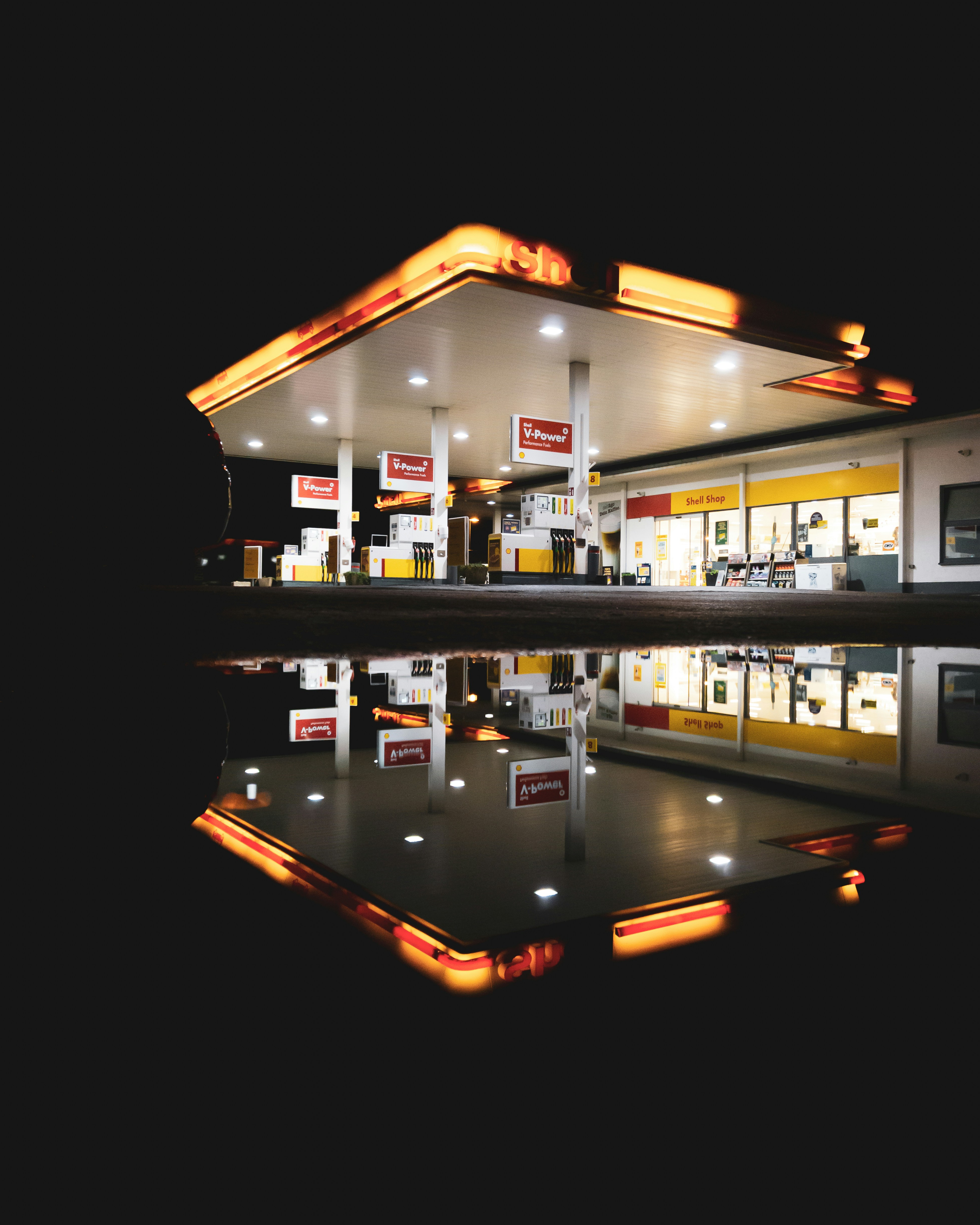 Night Shell Gas Station Reflection