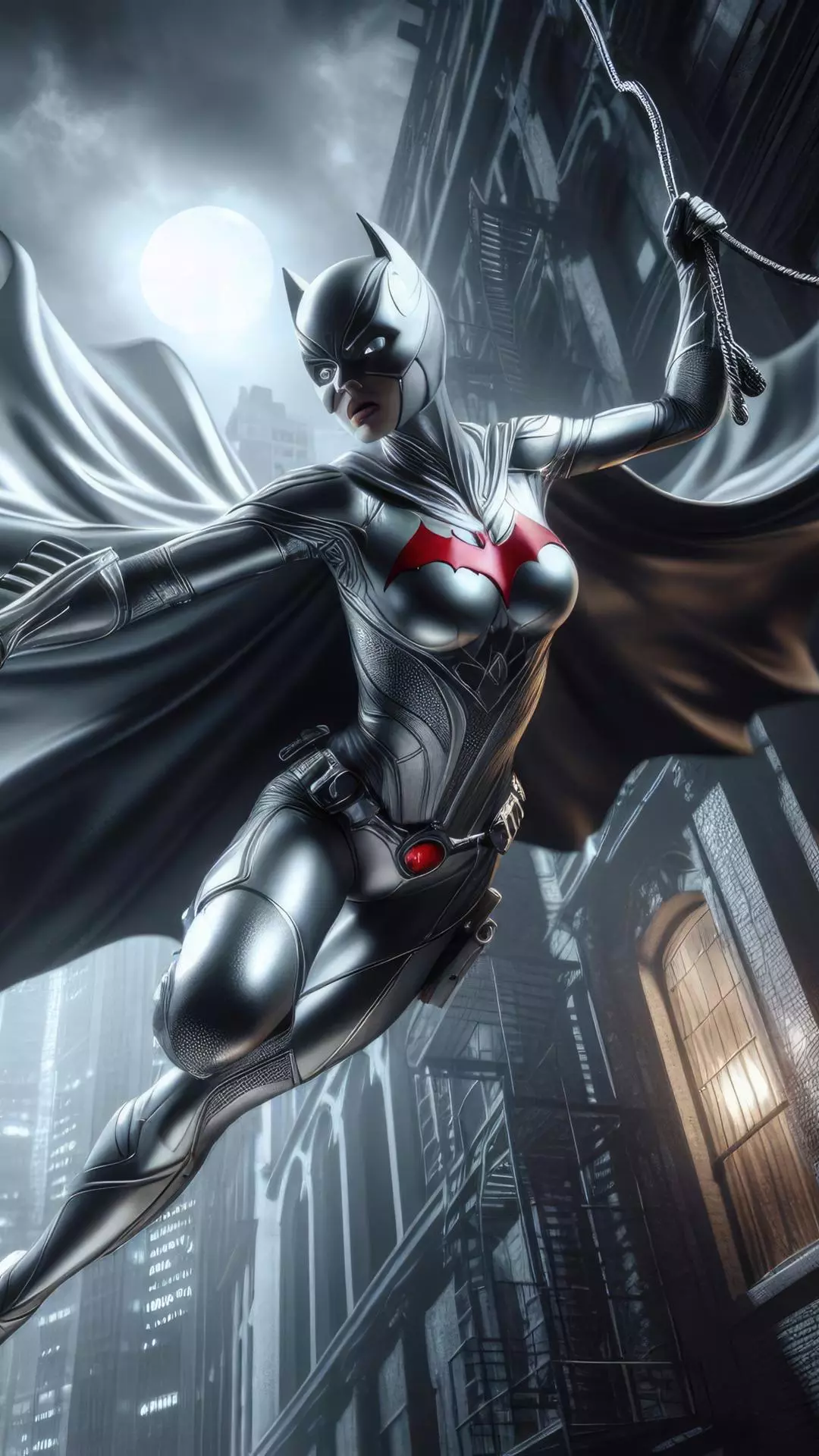 Batwoman Swinging Through Gotham City