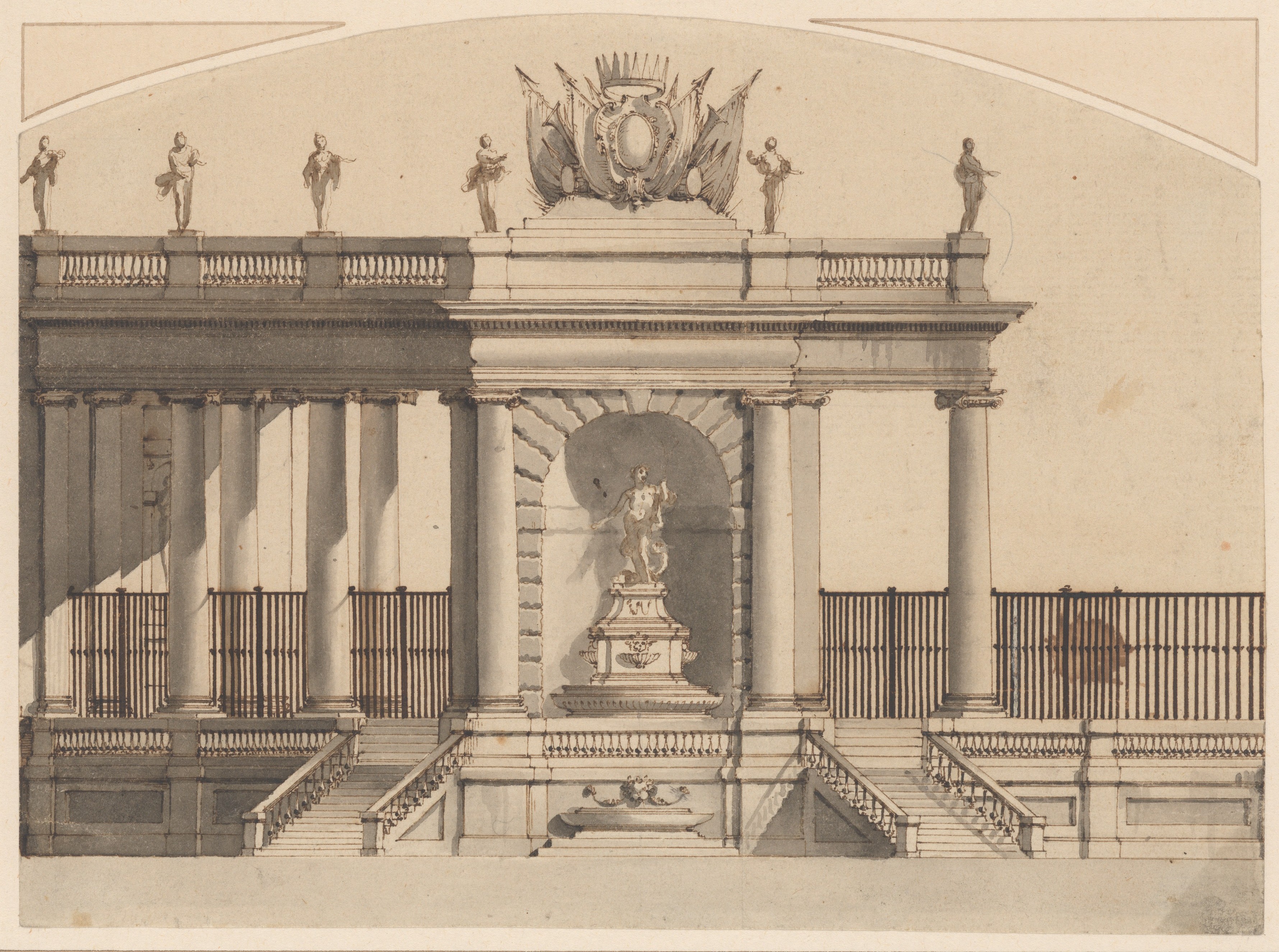 Classical Fountain Facade Architectural Drawing