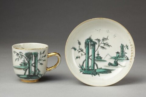 Antique Green Painted Teacup and Saucer