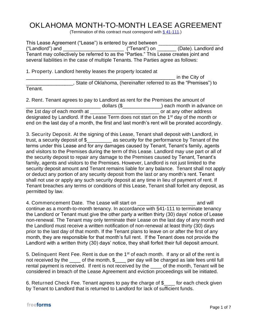 Oklahoma Month to Month Lease Agreement Template