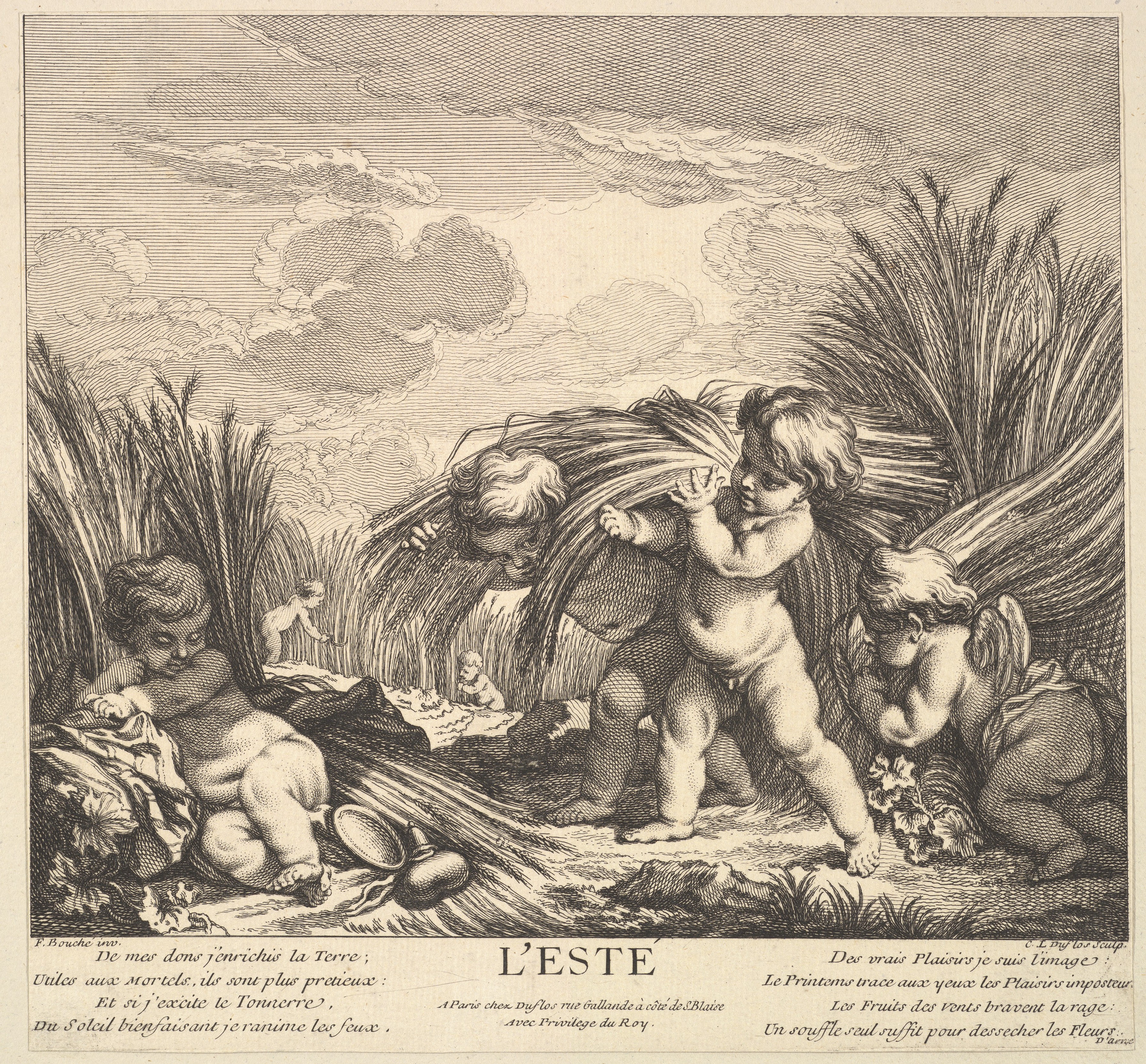 French Etching of Summer with Cherubs