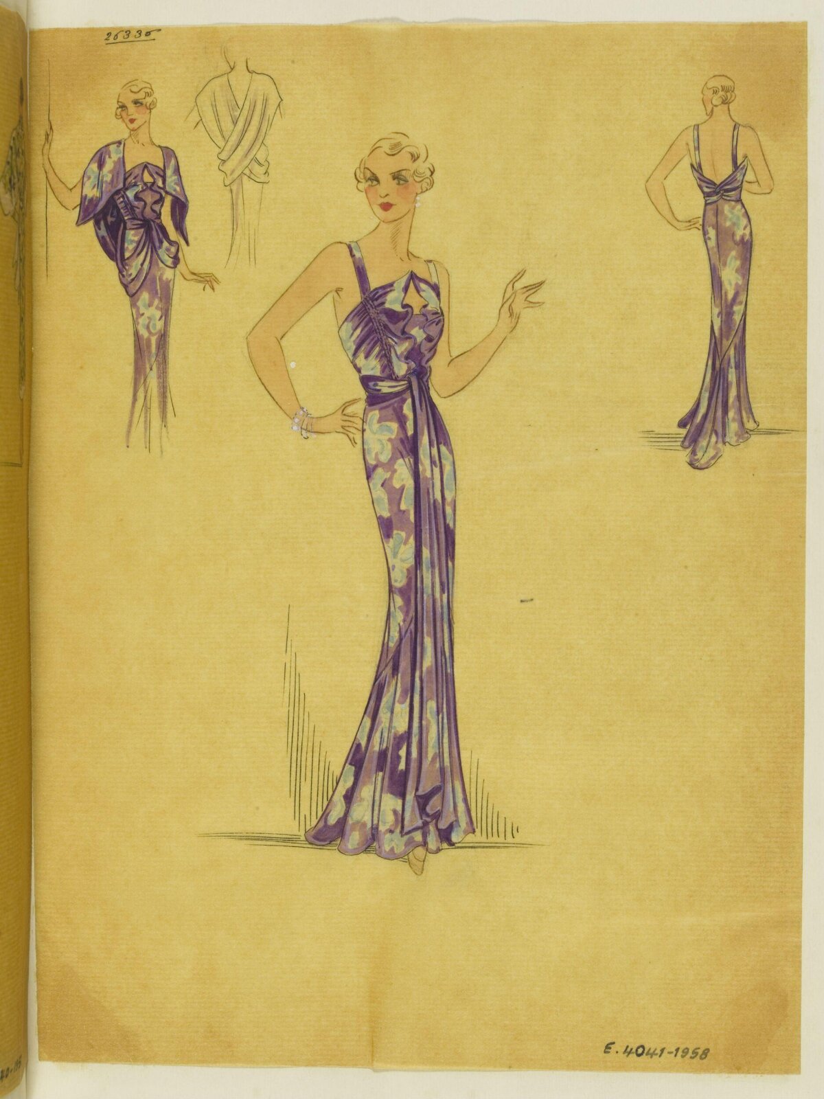 Vintage Purple Evening Gown Fashion Sketch