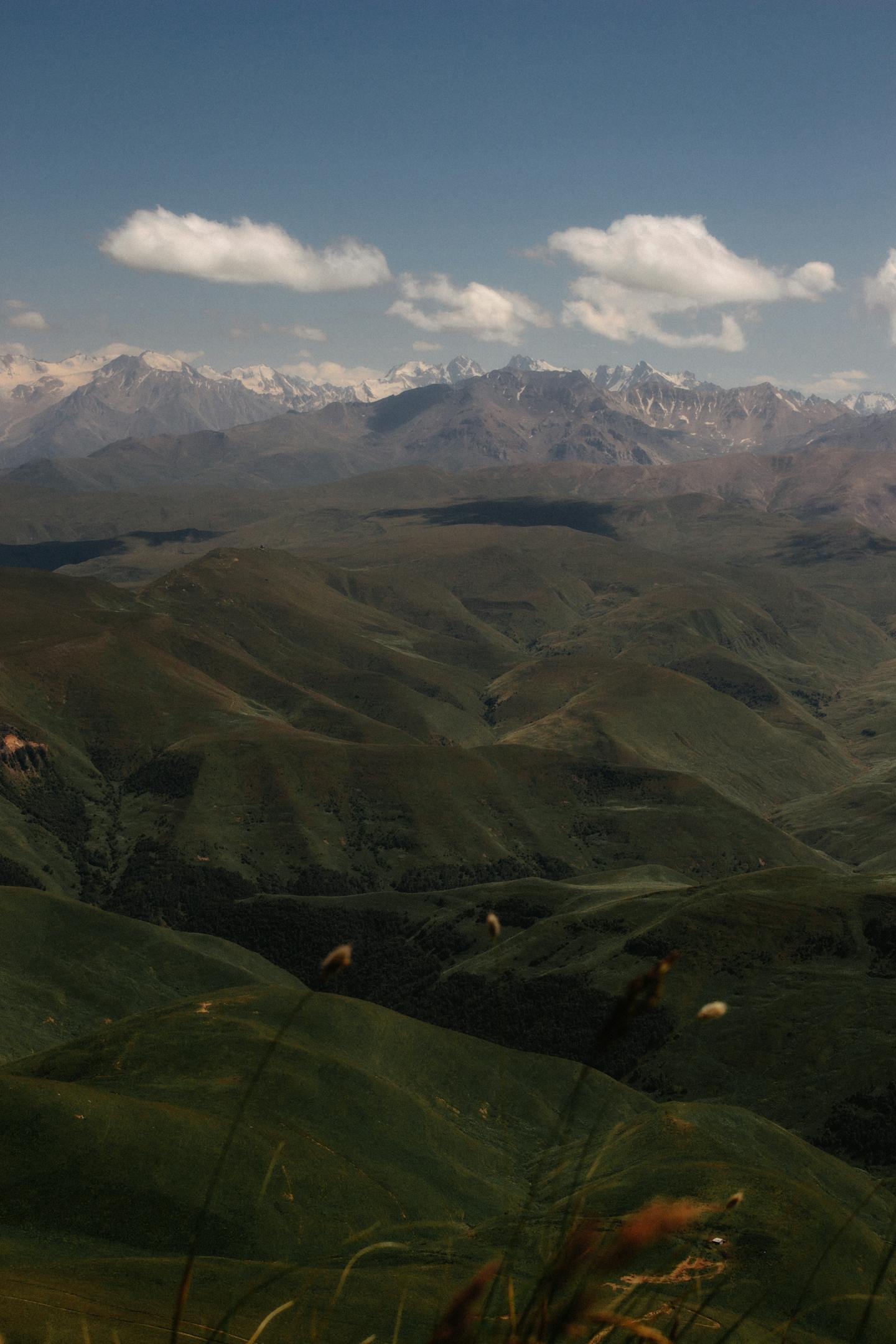 Rolling Green Hills and Distant Snow Mountains
