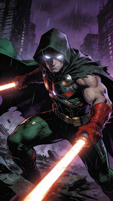 Hooded Hero With Glowing Blades