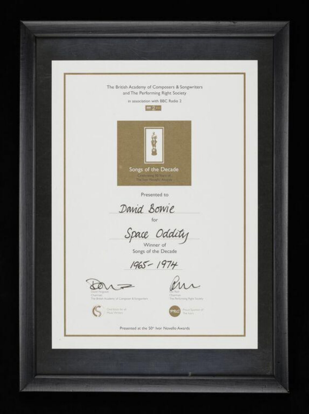 Framed David Bowie Award Certificate