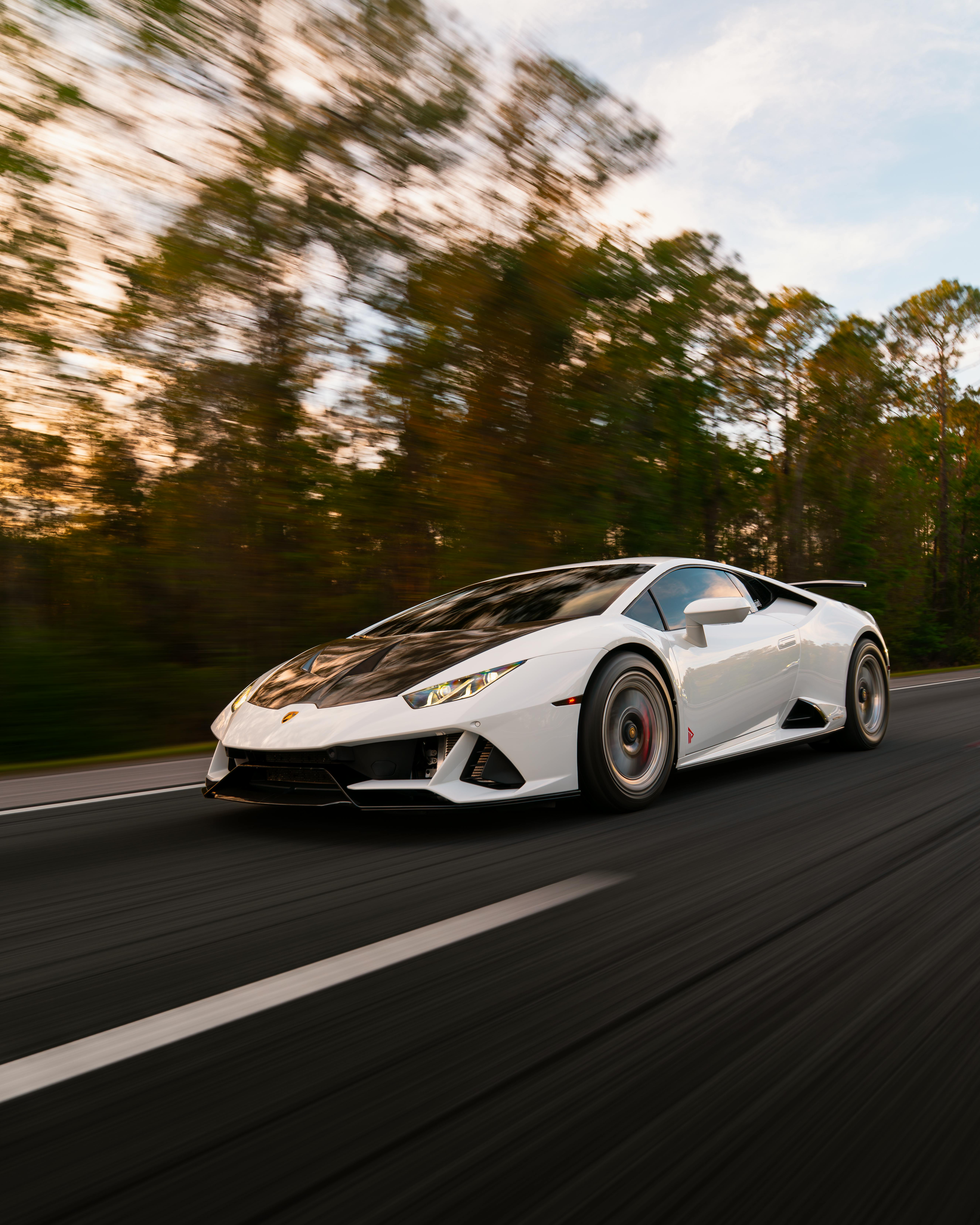 White Lamborghini Driving on Forest Road