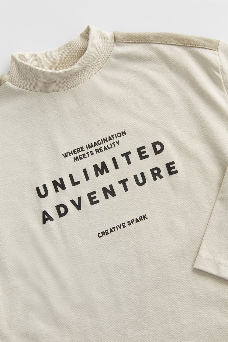 Beige Printed Mock Neck T-Shirt