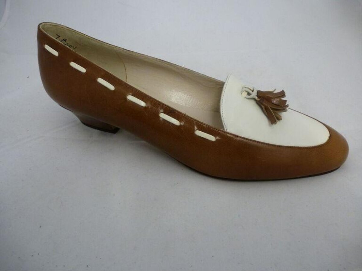 Brown and White Tassel Low Heel Pump