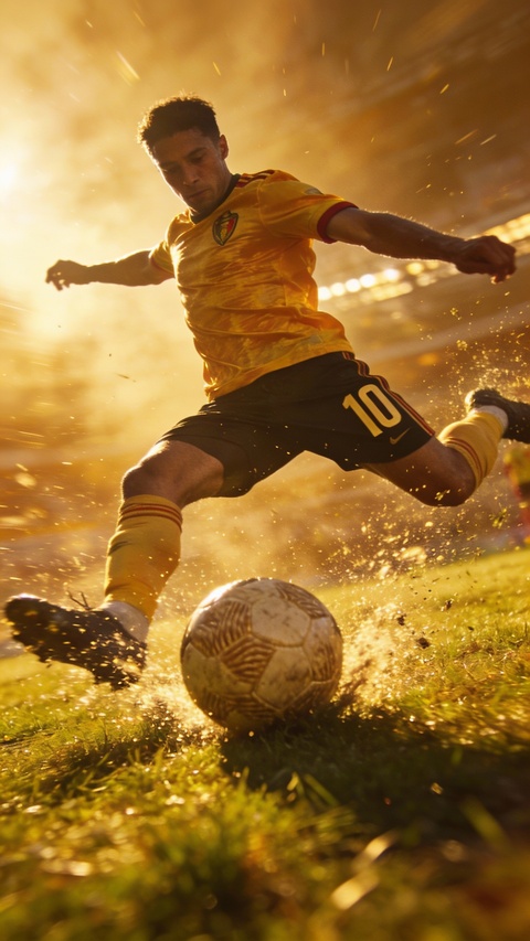 Soccer Player Kicking Ball on Grass Field