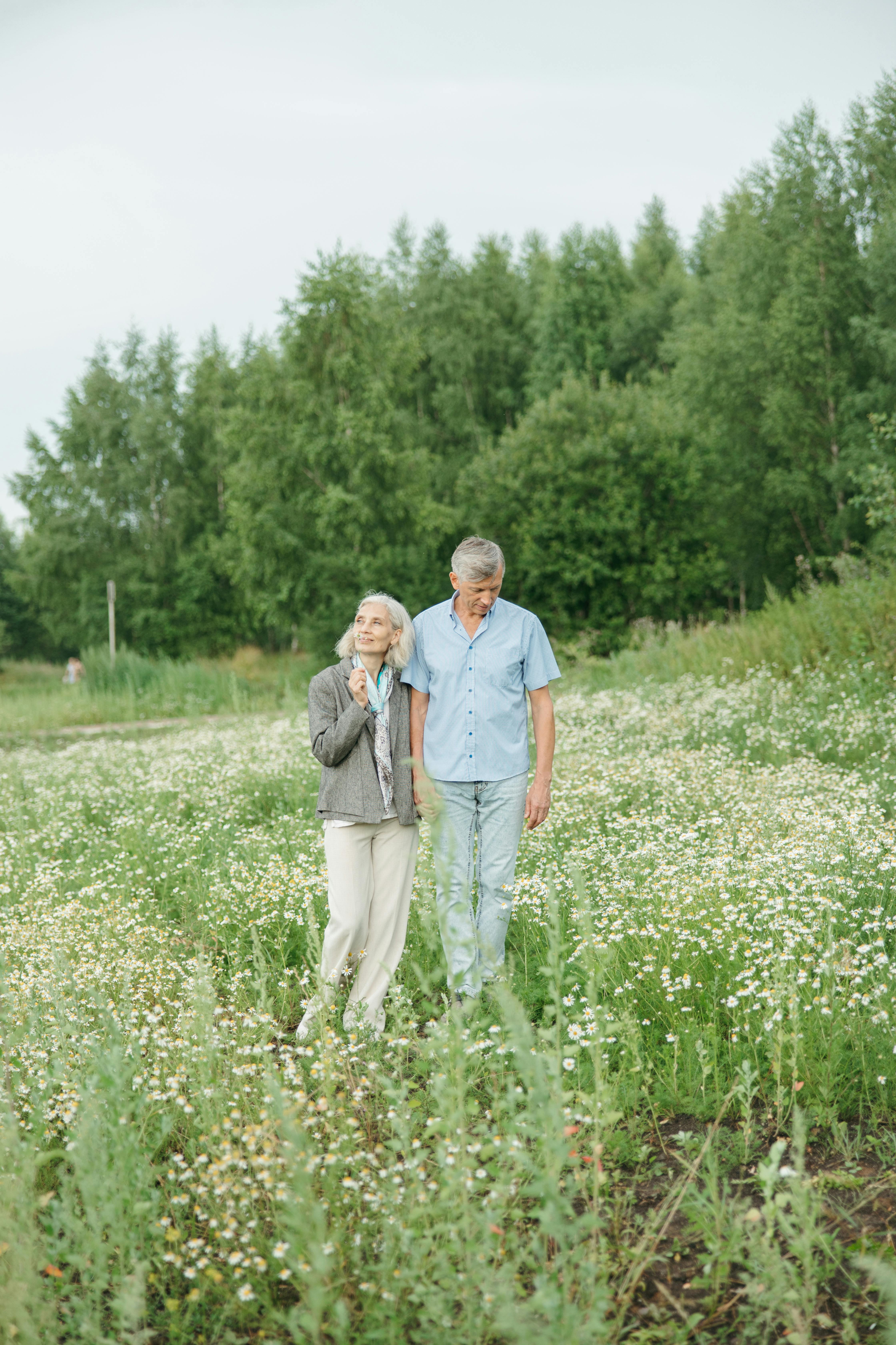 Older Couple Walking in Daisy Field
