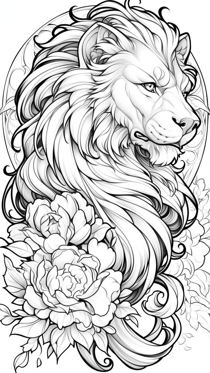 Lion and Peonies Line Art Tattoo