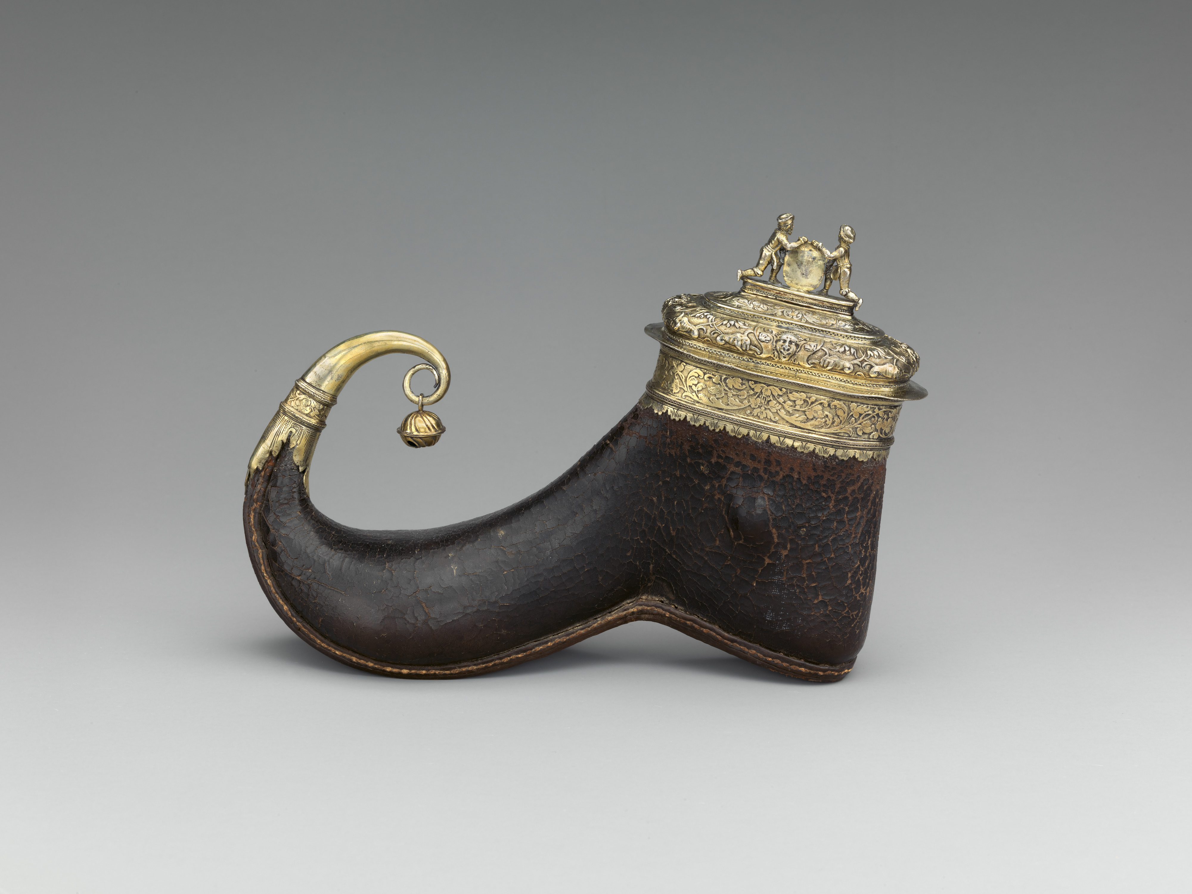 Antique Gilt Decorated Leather Powder Horn