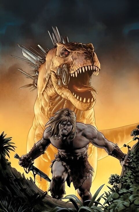 Barbarian Warrior and Weapon-Covered T-Rex