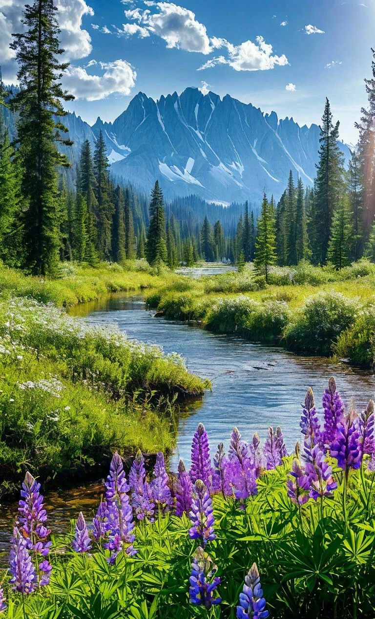 Mountain Valley River Lupine Landscape