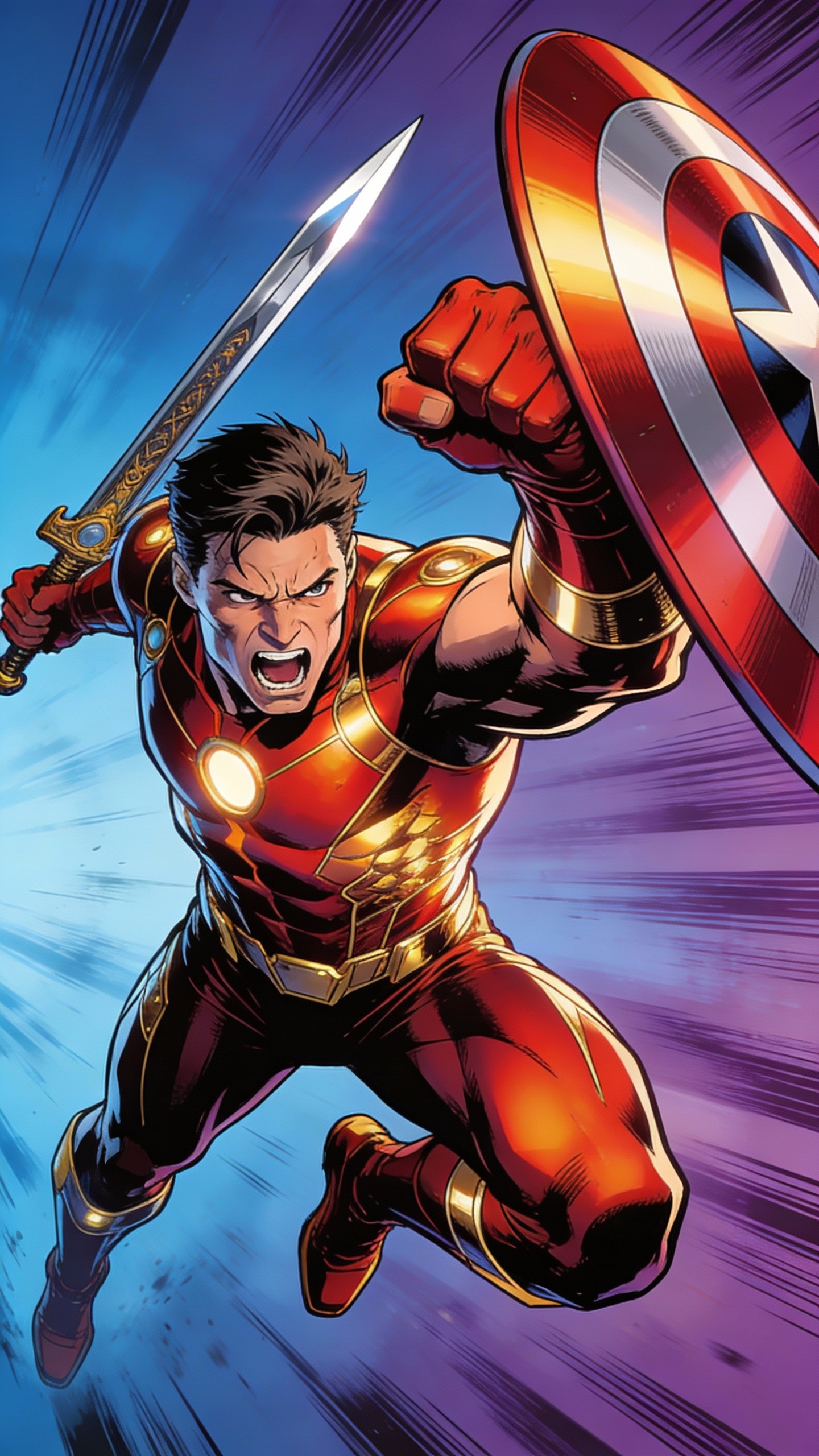 Charging Superhero With Shield And Sword