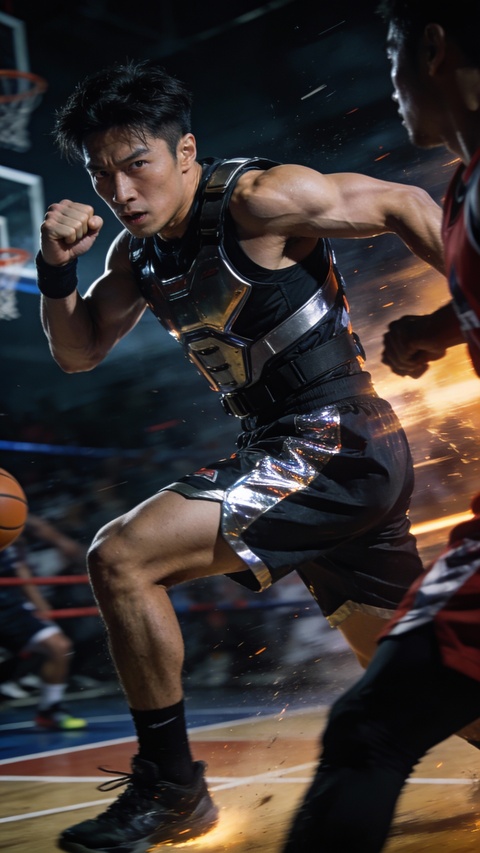 Armored Basketball Player Competing on Court