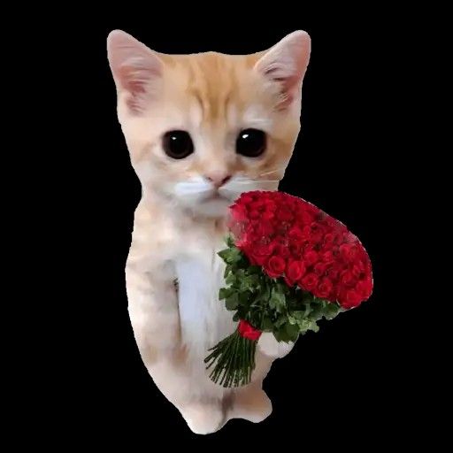 Cute Kitten Holding Red Rose Bouquet