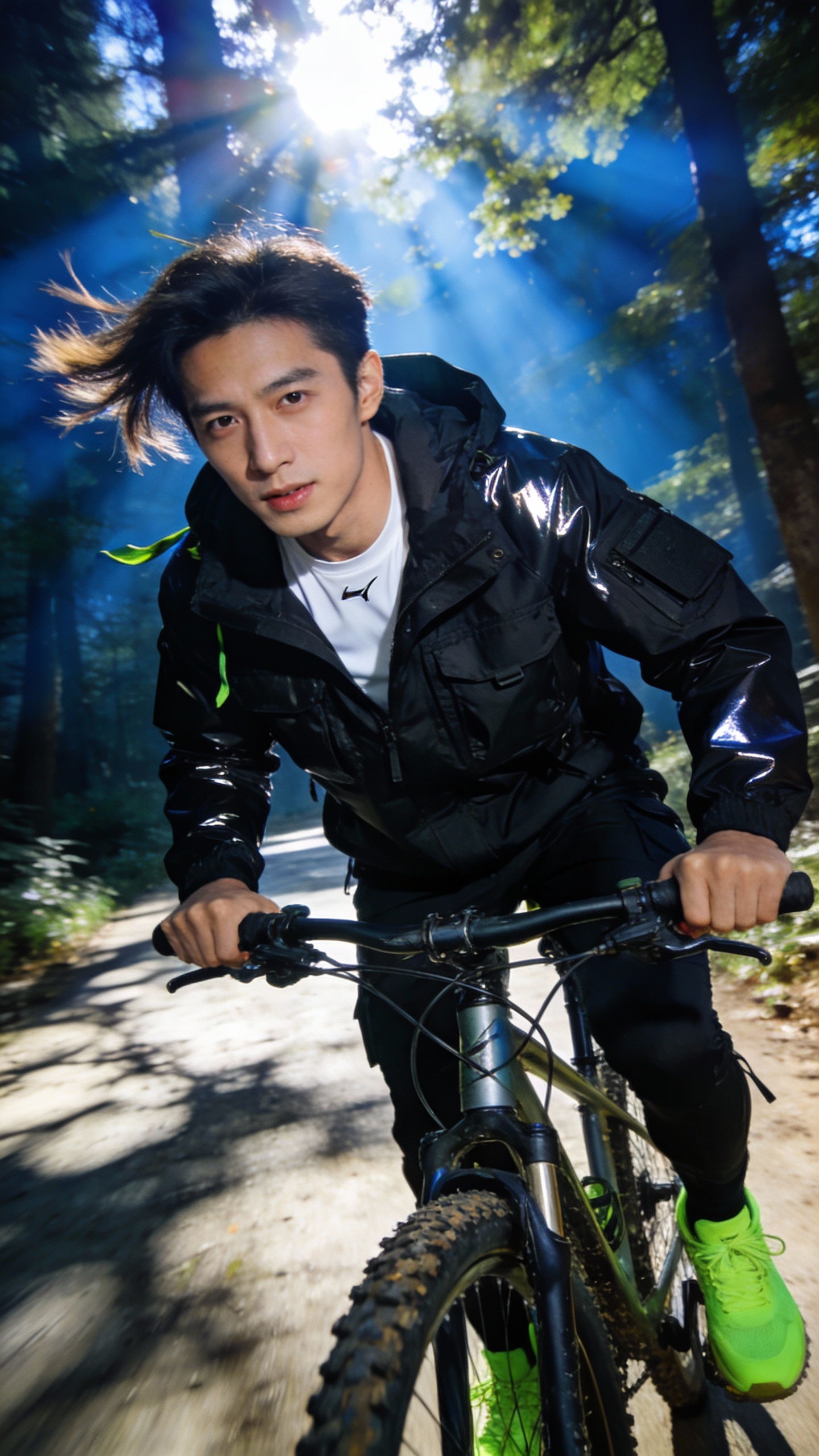 Young Man Mountain Biking In Forest
