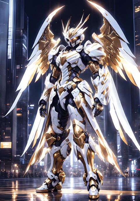 White Gold Winged Mech in Night City