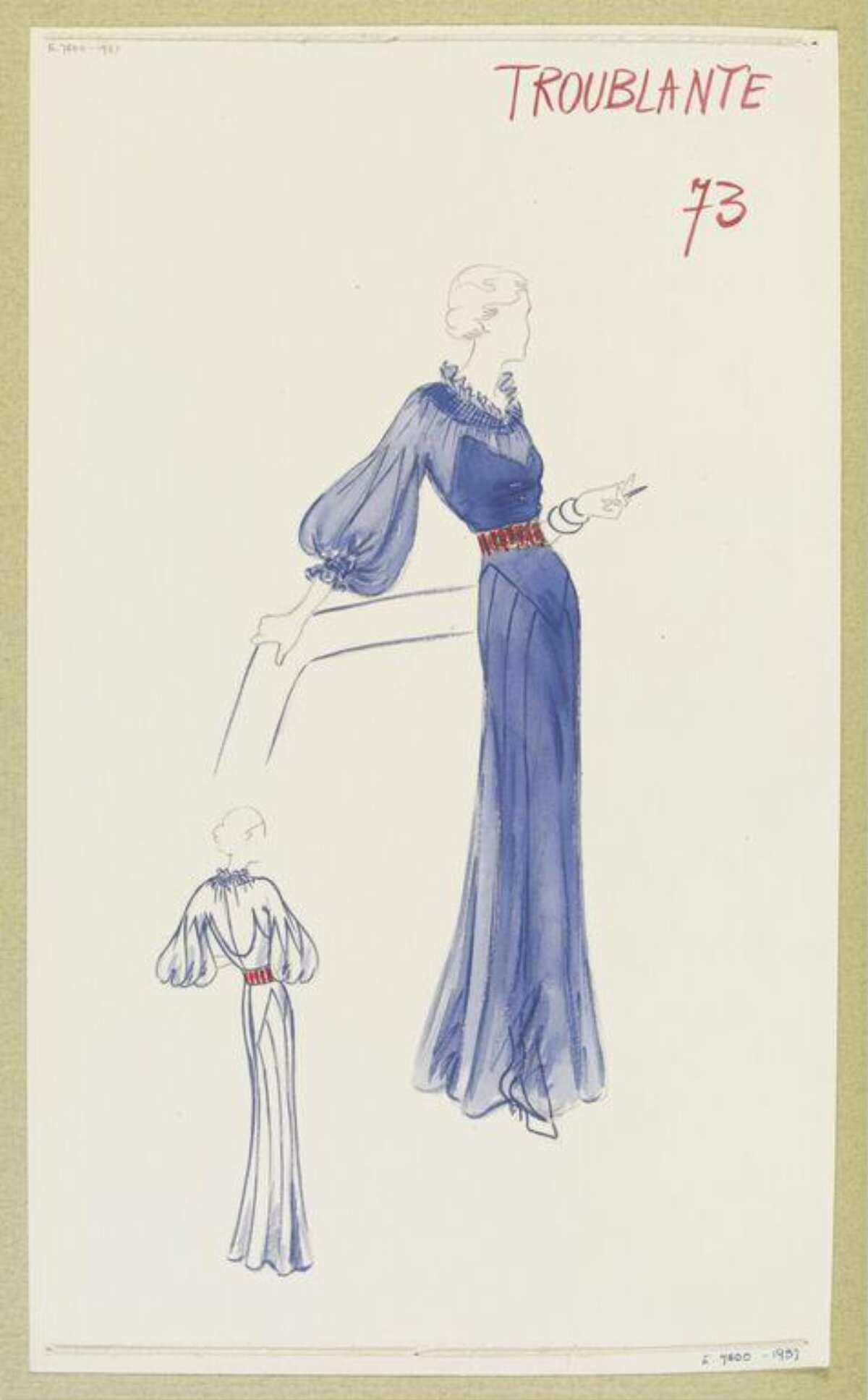 Vintage Blue Evening Gown Fashion Sketch