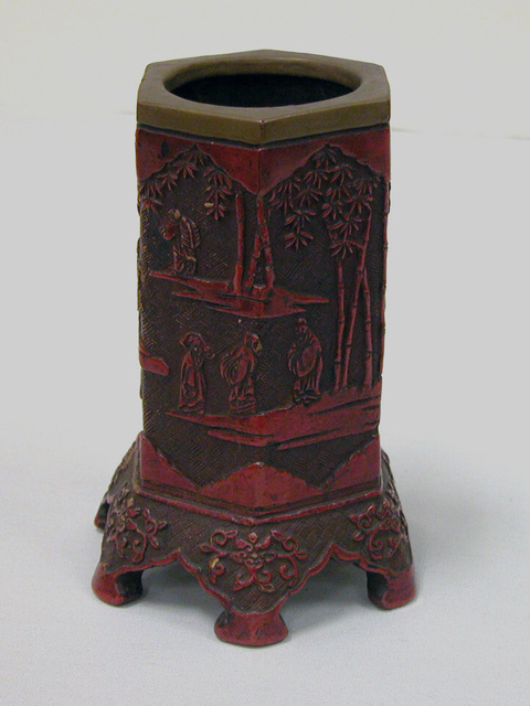 Carved Red Hexagonal Brush Pot